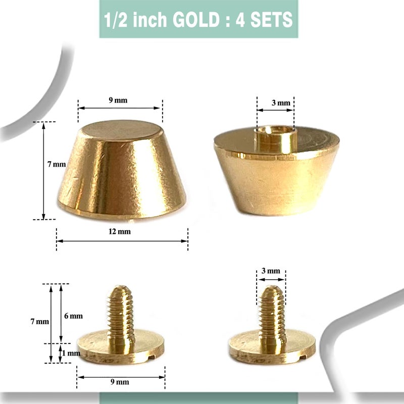 honigo 8 Pack Rivets Stud Handbag Purse Feet 1/2 inch Gold Flat Head Metal Solid Brass Studs Screw Back Feet 12mm Buckle Spikes Leathercraft for Leather Bag Totes DIY Craft - Image 2